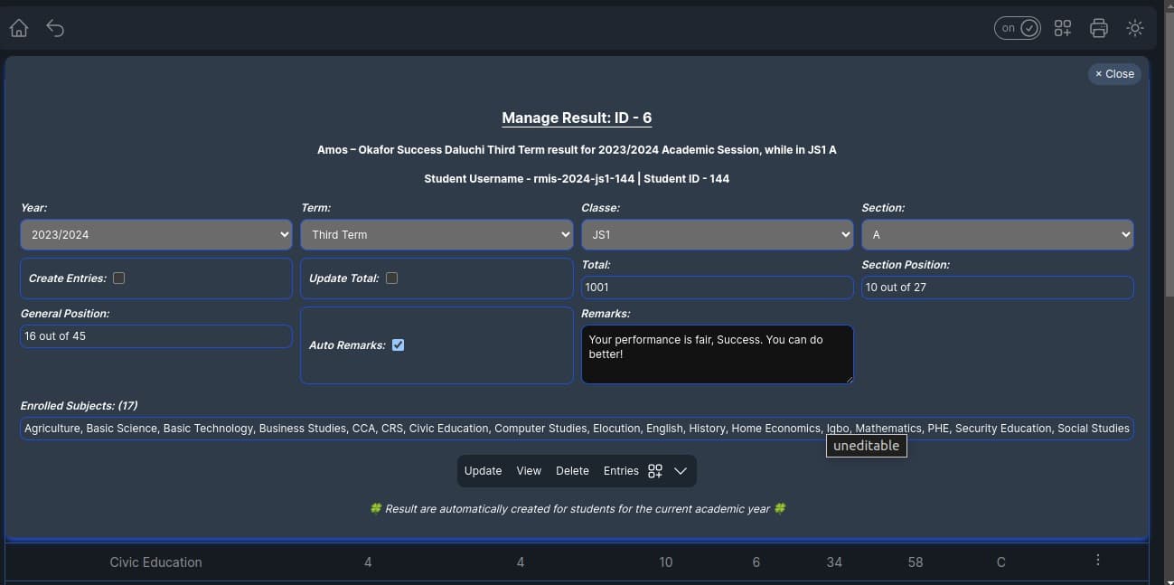 Result Management View