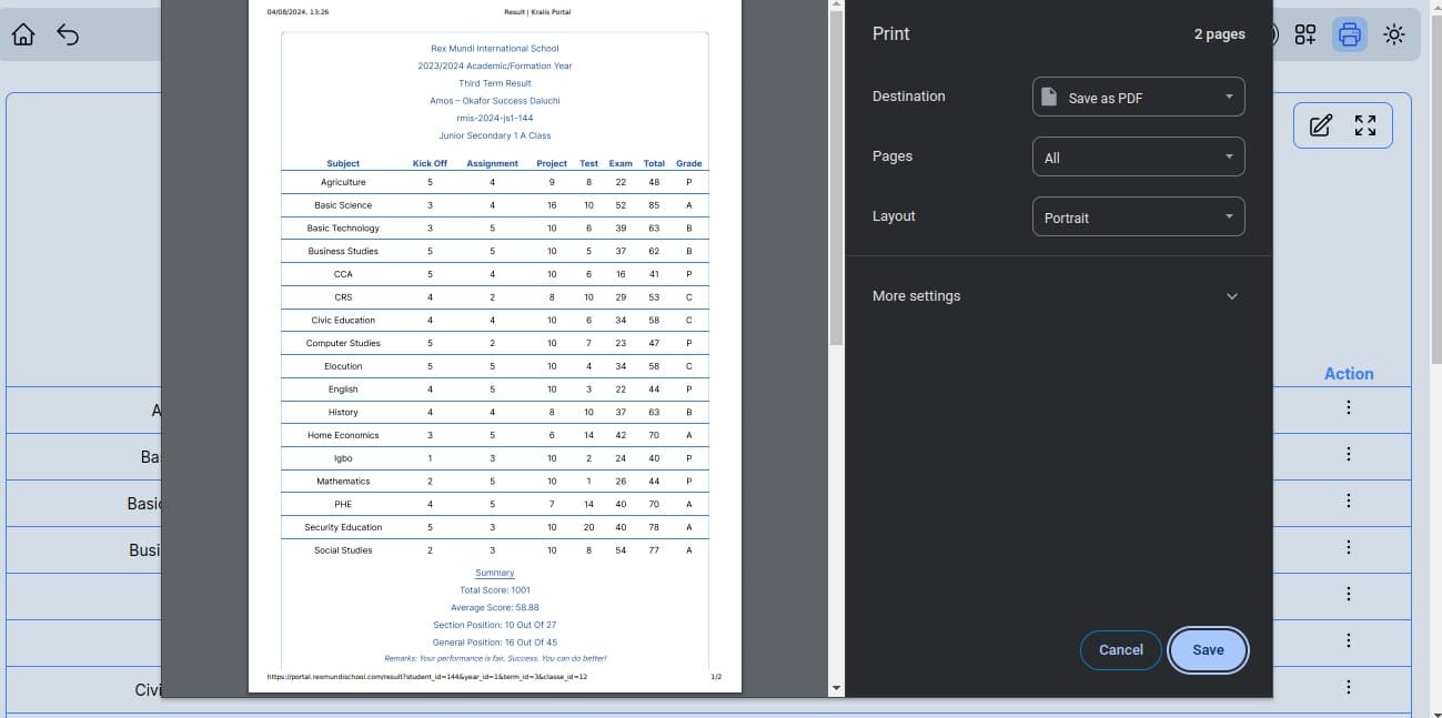 Result Print View